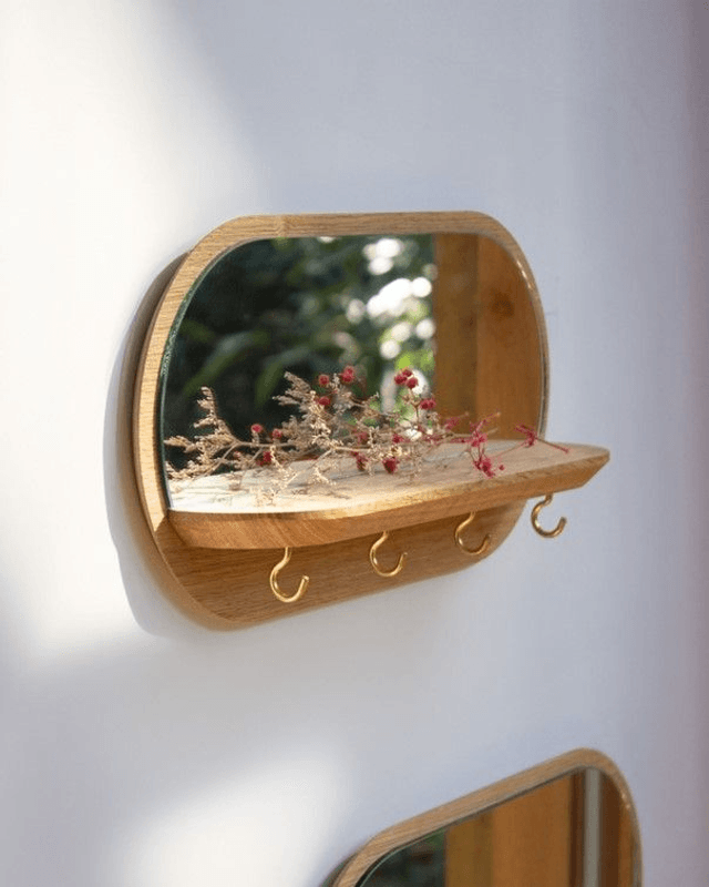 Miroir Mini-moonlight en bois de Chêne - crochets dorés - REINE MERE