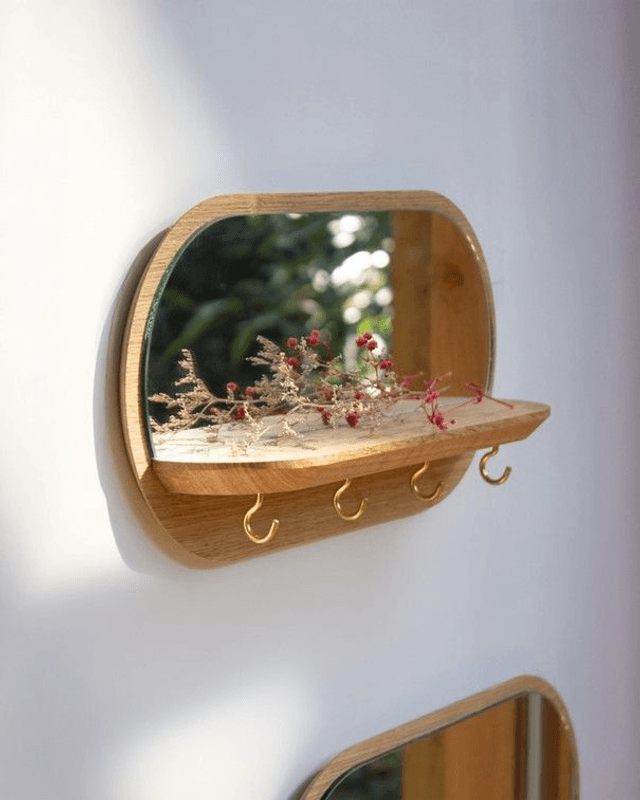 Miroir Mini-moonlight en bois de Chêne - crochets dorés - REINE MERE